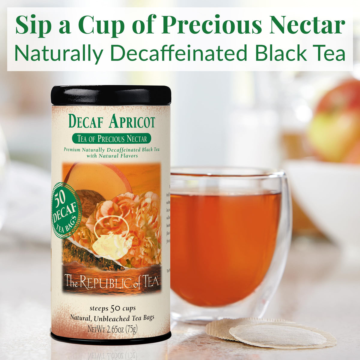 The Republic of Tea decaf apricot bags showcase convenient, caffeine-free tea for relaxing moments.