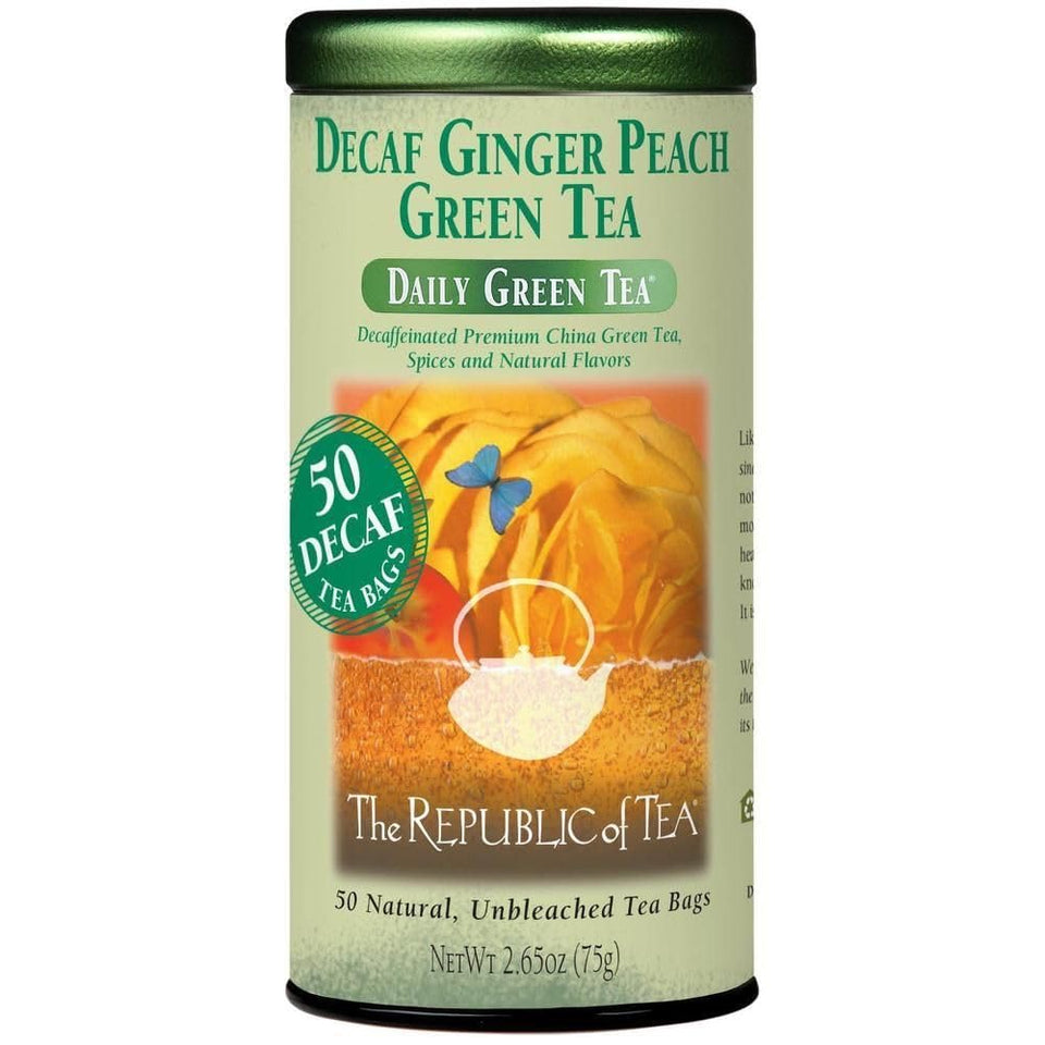 The Republic of Tea decaf ginger peach green tea tin, soothing aroma and gentle afternoon refreshment.