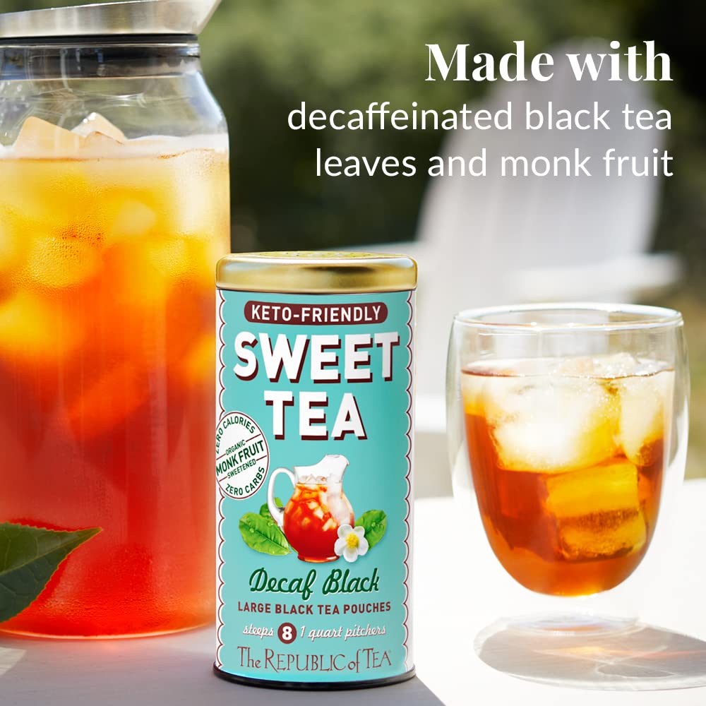Republic of Tea decaffeinated black tea pouches for smooth, caffeine-free ice tea options.