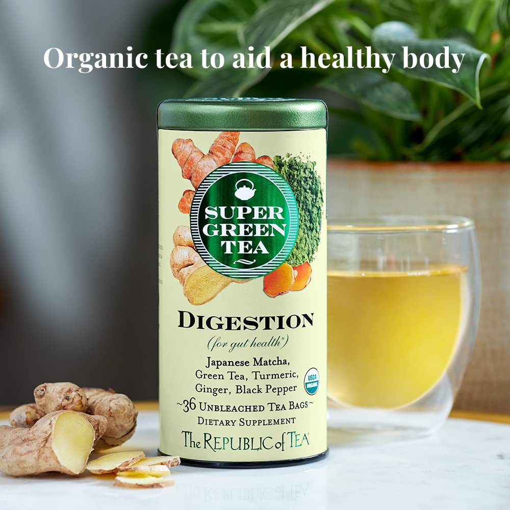 The Republic of Tea digestion supergreen tea tin back label highlights low caffeine energy lift.