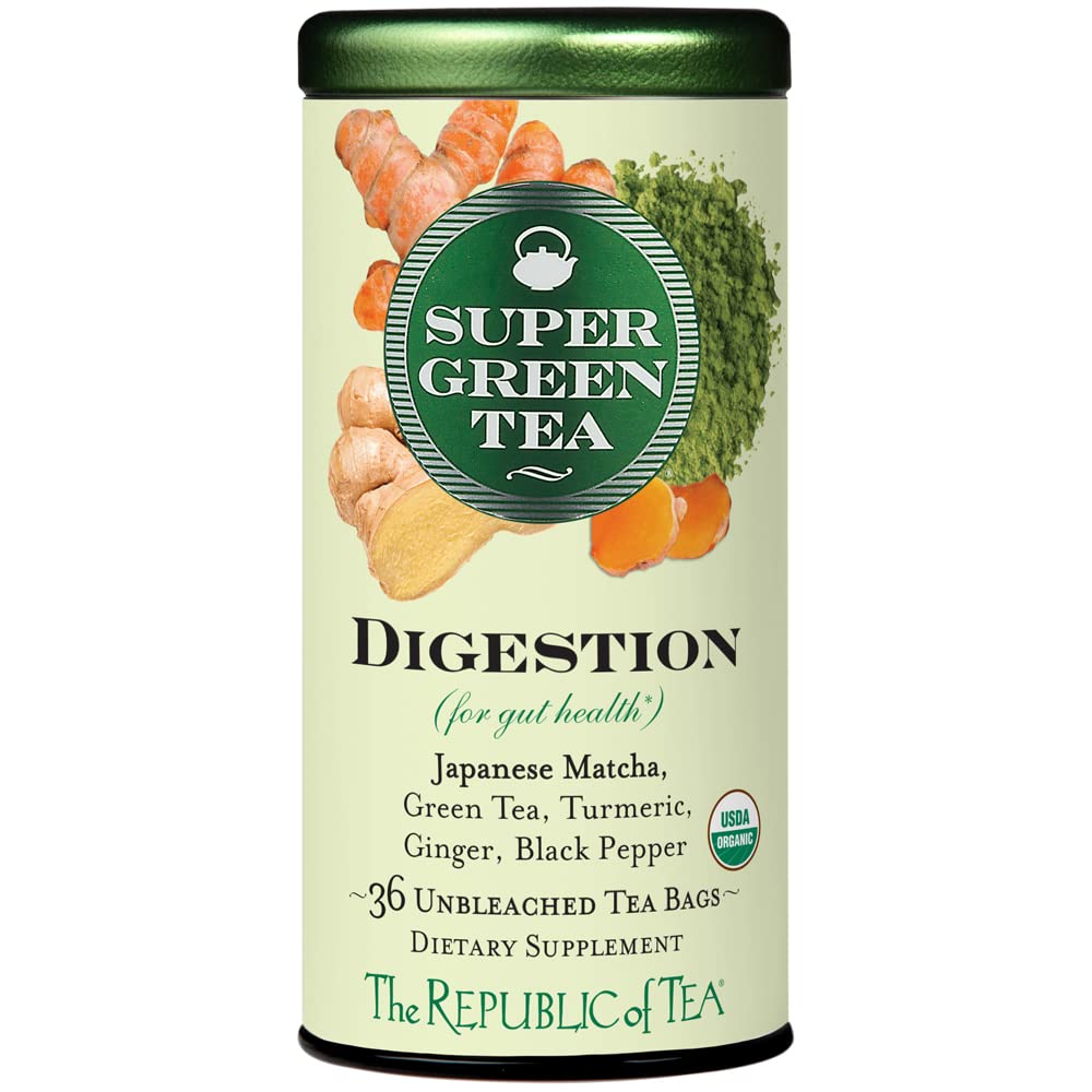 The Republic of Tea digestion supergreen tea tin front shows an organic blend for a smooth cup.
