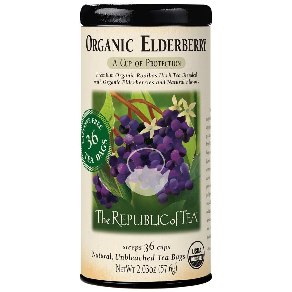 The Republic of Tea elderberry herbal tea bag tin, comforting cup with antioxidant-rich blend.