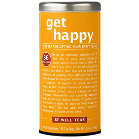 The Republic of Tea Get Happy tea bag closeup for caffeine-free mood lift.
