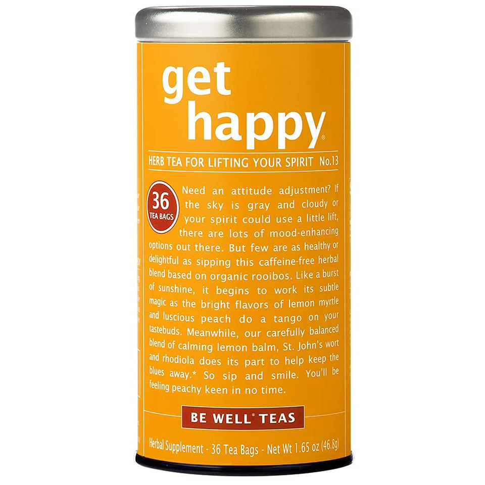 The Republic of Tea Get Happy tea bag closeup for caffeine-free mood lift.