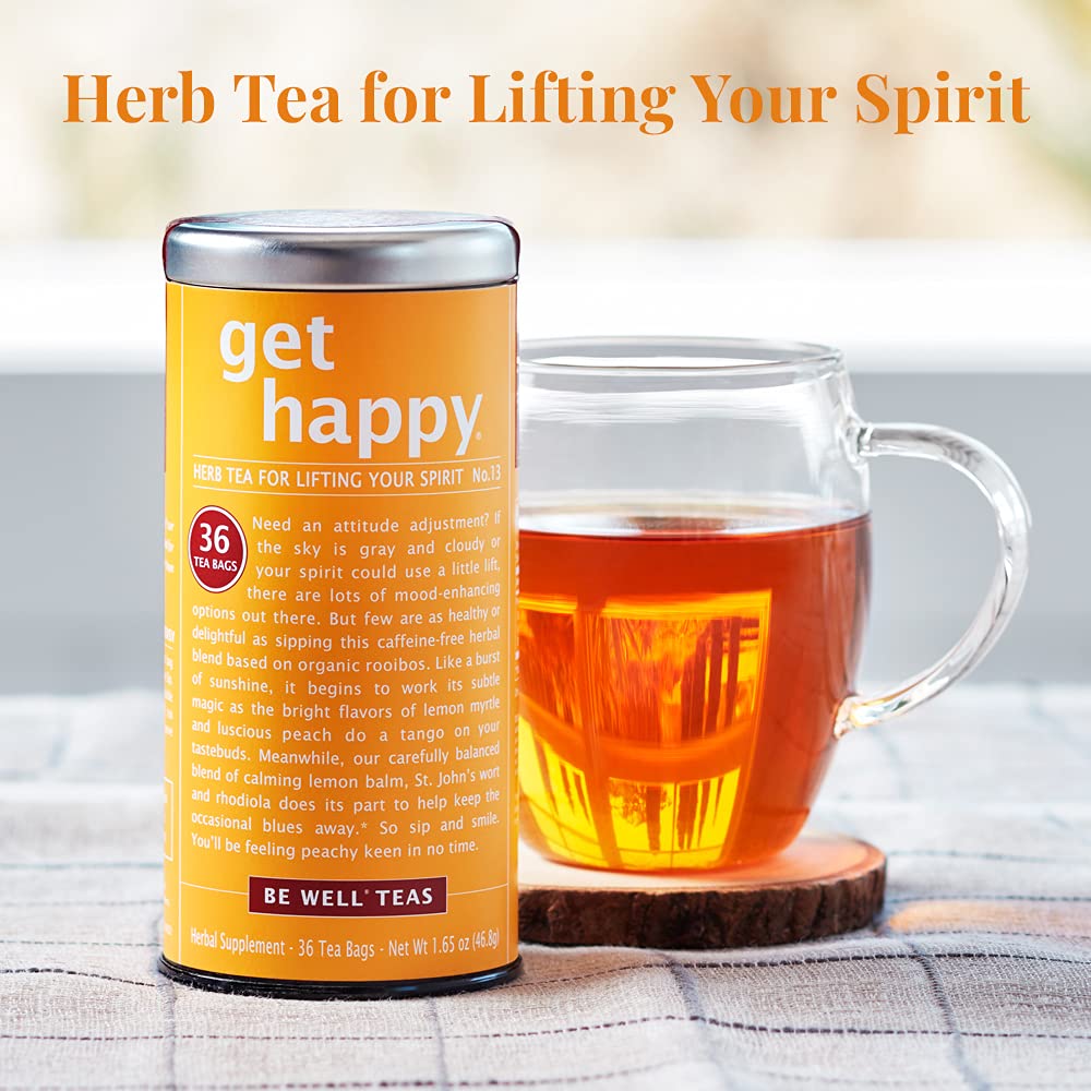 Get Happy cup with steam, highlighting No. 13 aroma.