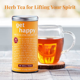 Get Happy cup with steam, highlighting No. 13 aroma.