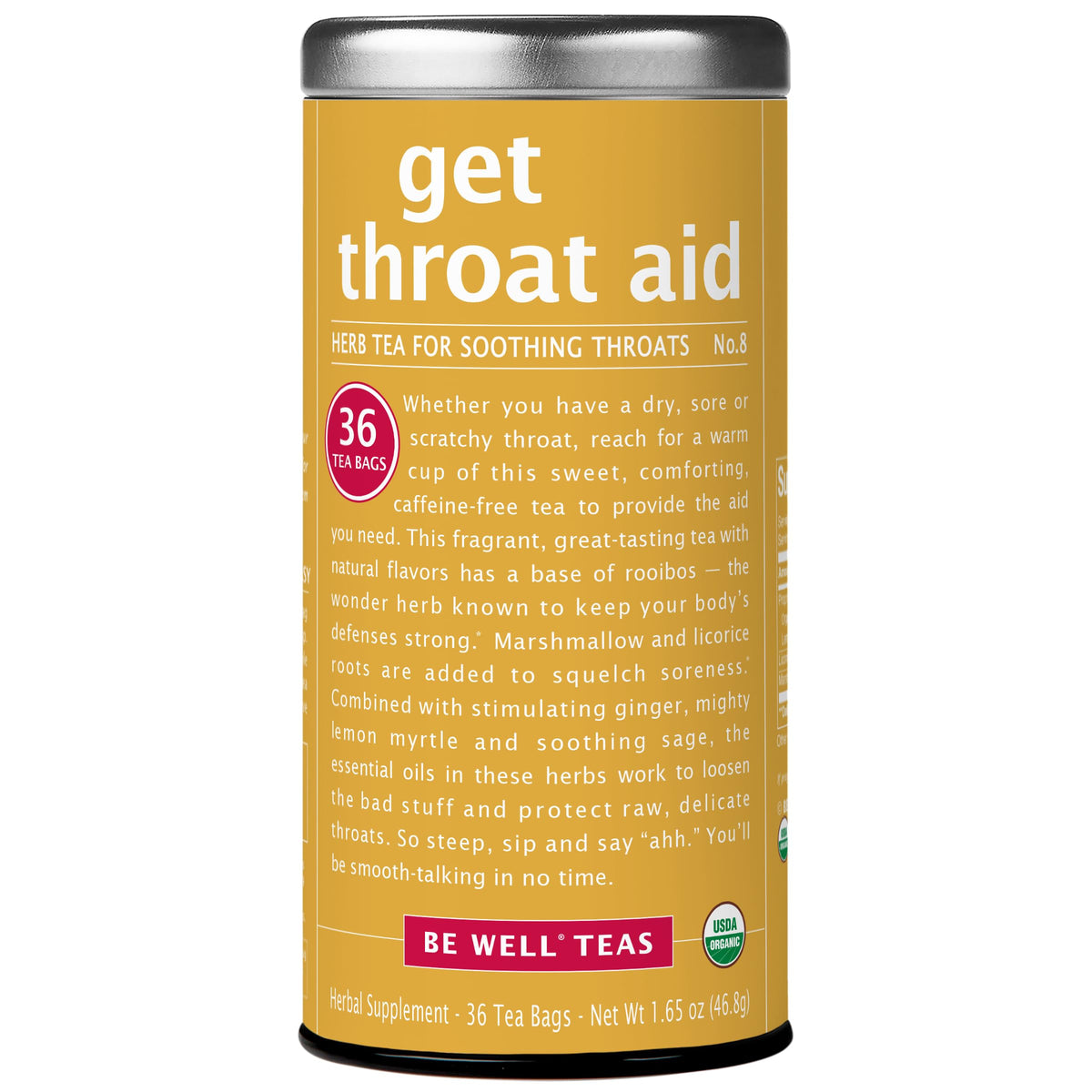 The Republic of Tea Get Throat Aid tea bag in tin soothes a dry throat.