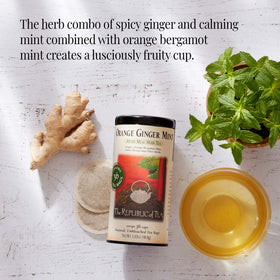 The Republic of Tea ginger orange bergamot mint ingredients label showcases natural botanicals.