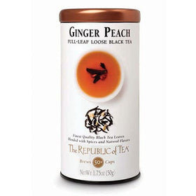 The Republic of Tea Ginger Peach Black Full-Leaf Tea tin front shows vibrant flavor and energy lift.