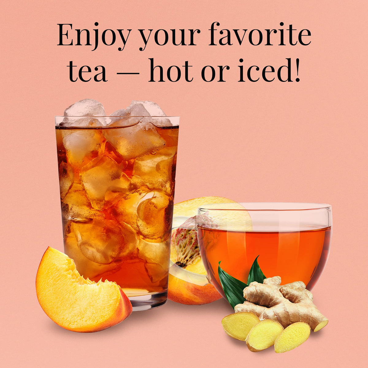 The Republic of Tea cup with brewed Ginger Peach Black tea, showcasing amber color and inviting aroma.