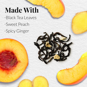 The Republic of Tea Ginger Peach Black tea steeping setup with hot water for a soothing sip.