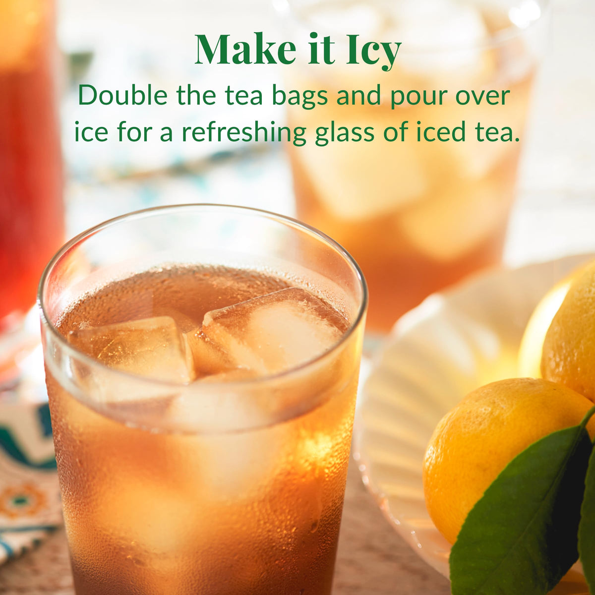 The Republic of Tea glass cup with amber brew suggests soothing caffeine-free relaxation.
