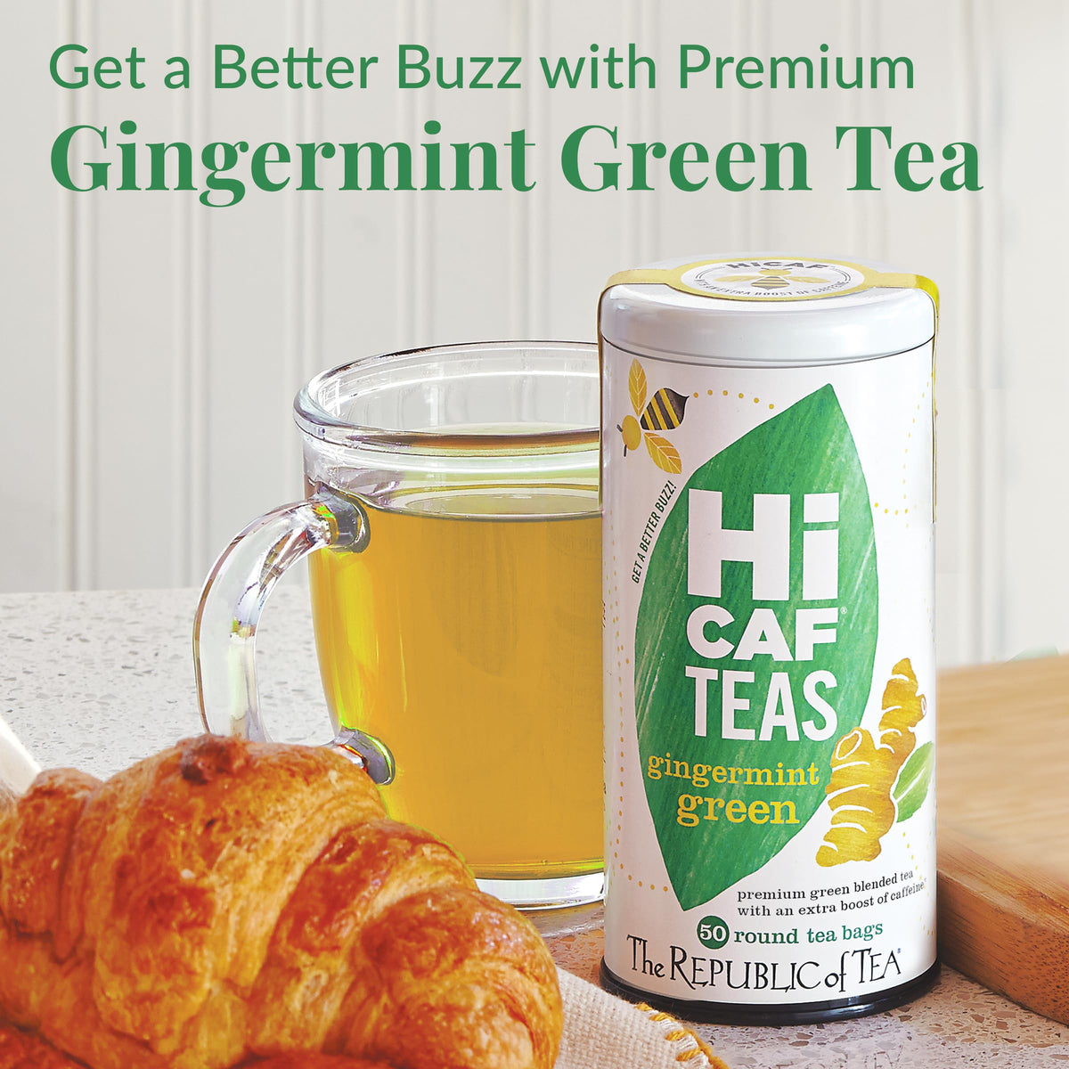 HiCAF Gingermint Green Tea cup shown for a caffeine-boost moment.