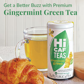 HiCAF Gingermint Green Tea cup shown for a caffeine-boost moment.