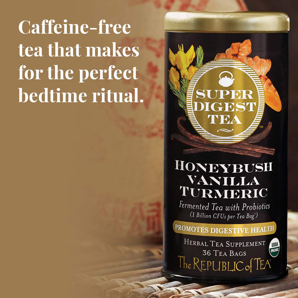 The Republic of Tea honeybush-vanilla-turmeric closeup highlights rich color and inviting fragrance.