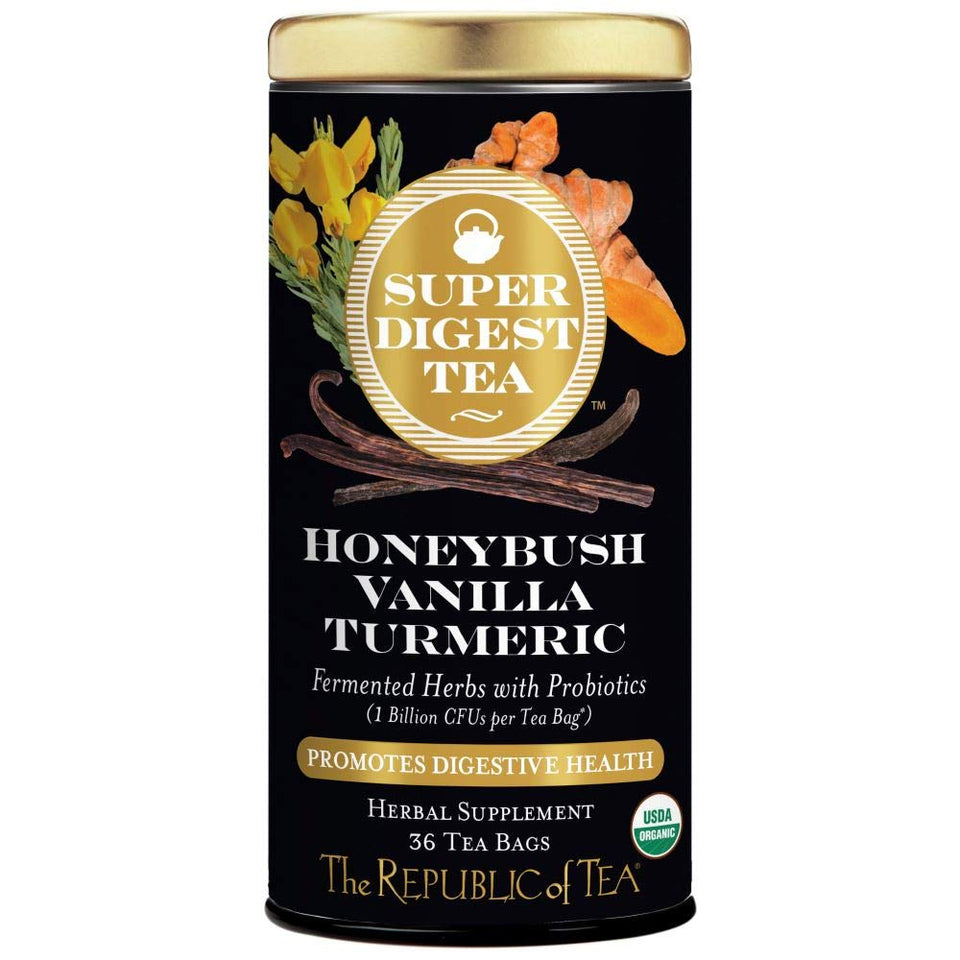 The Republic of Tea Organic Honeybush Vanilla Turmeric SuperDigest box shows premium tea for a daily ritual.