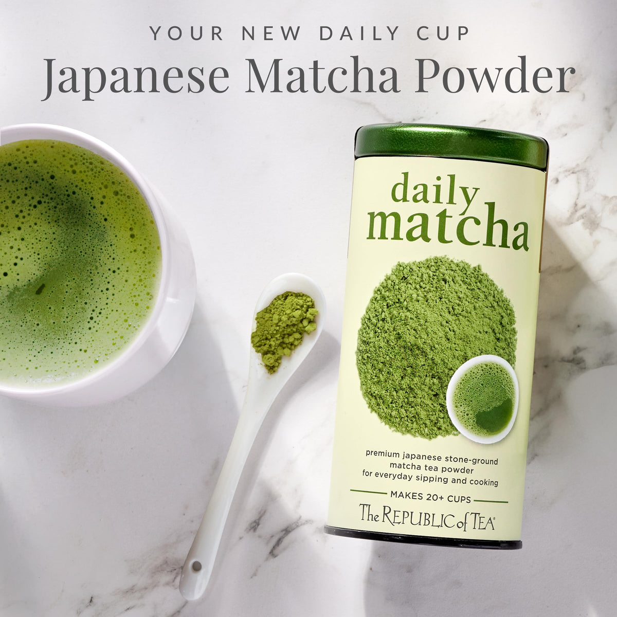 Republic of Tea matcha powder close-up shows vibrant green texture for daily use.