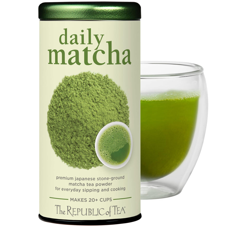 The Republic of Tea Japanese Daily Matcha tin front view for an energizing morning ritual.