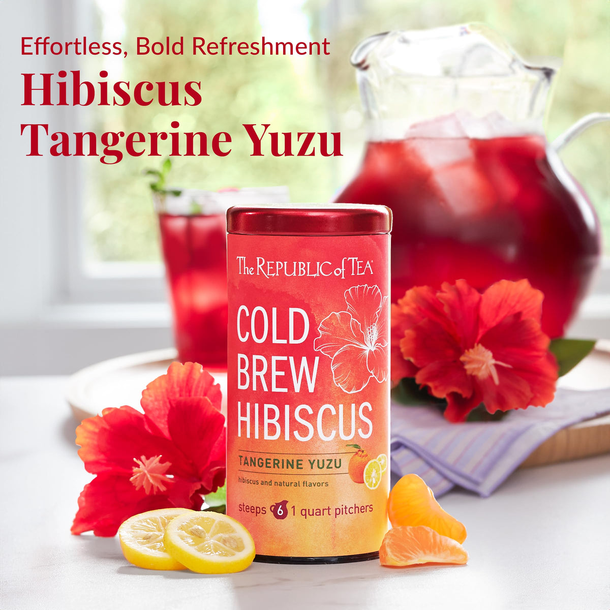 Large pitcher steeping hibiscus tea for a refreshing cold brew by The Republic of Tea.