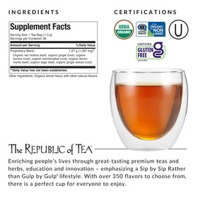 The Republic of Tea Lemon Myrtle and Sage leaves display for herbal flavor.