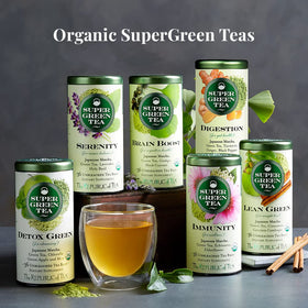The Republic of Tea matcha and green tea leaves closeup signals premium quality and flavor.