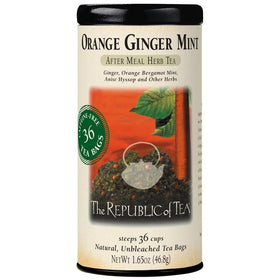 The Republic of Tea orange ginger mint tea bag close-up highlighting fresh citrus mint aroma.