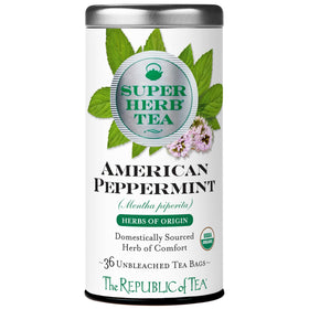 The Republic of Tea Organic American Peppermint SuperHerb Tea Tin front view, naturally caffeine-free.