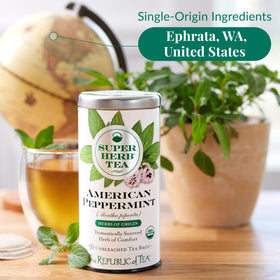 The Republic of Tea ingredients panel shows organic peppermint.
