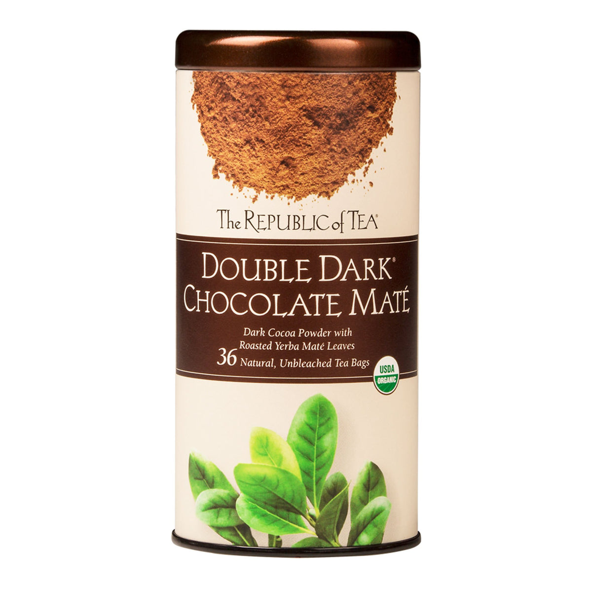 The Republic of Tea Organic Double Dark Chocolate Mate tea bags, rich and energizing.
