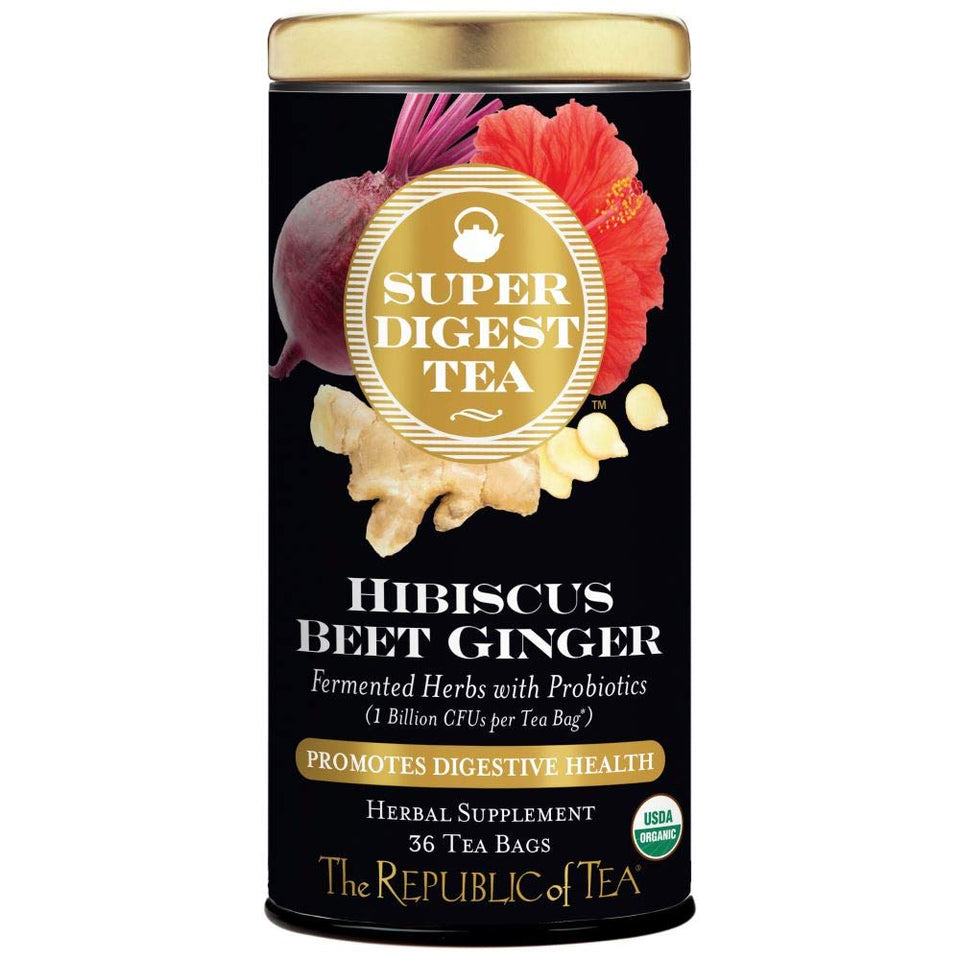 The Republic of Tea Organic Hibiscus Beet Ginger SuperDigest tea bag steeping in a mug, refreshing.