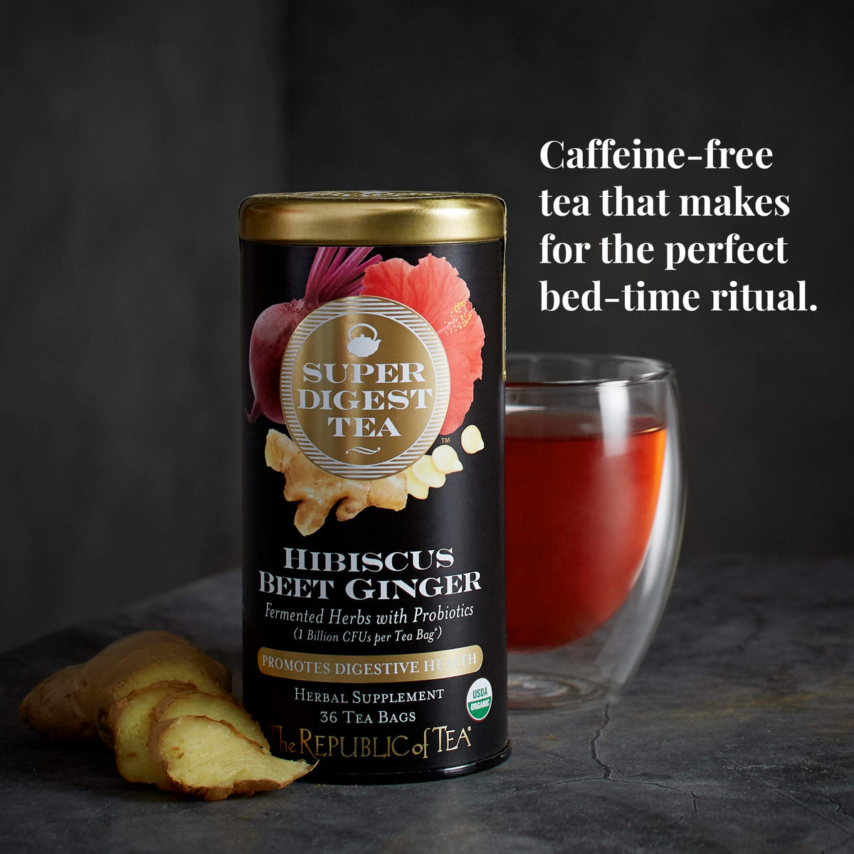 Box packaging of The Republic of Tea Organic Hibiscus Beet Ginger SuperDigest signals a pantry-friendly option.