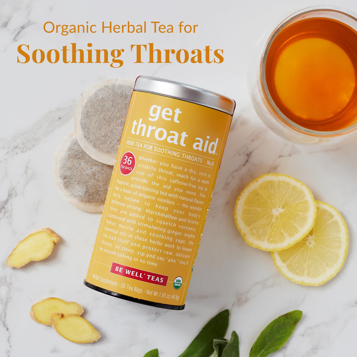 The Republic of Tea Organic ingredients label shows ginger, lemon myrtle, and sage for a fragrant brew.