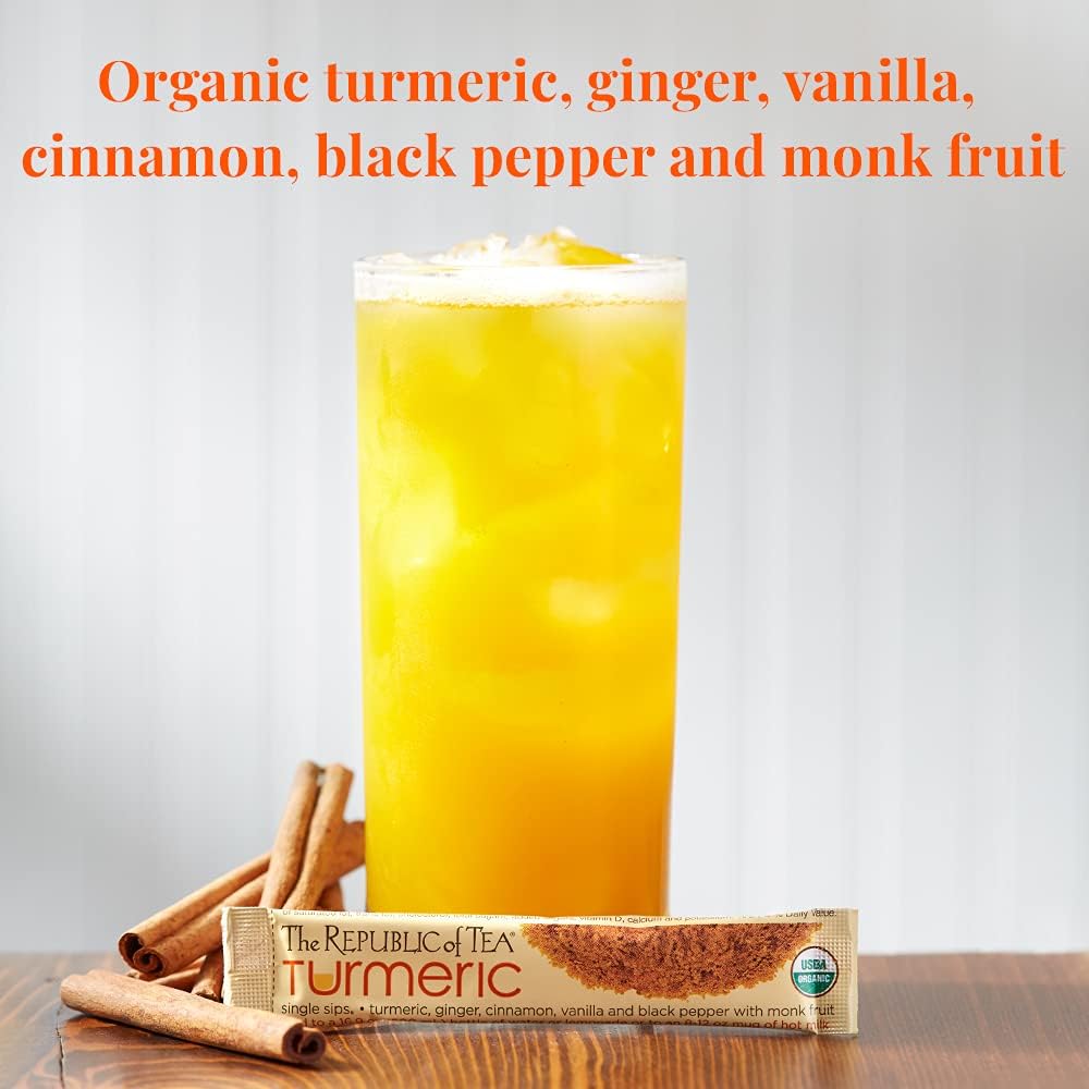 The Republic of Tea Organic Turmeric Single Sips tea in a mug, warm and inviting.