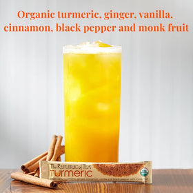 The Republic of Tea Organic Turmeric Single Sips tea in a mug, warm and inviting.
