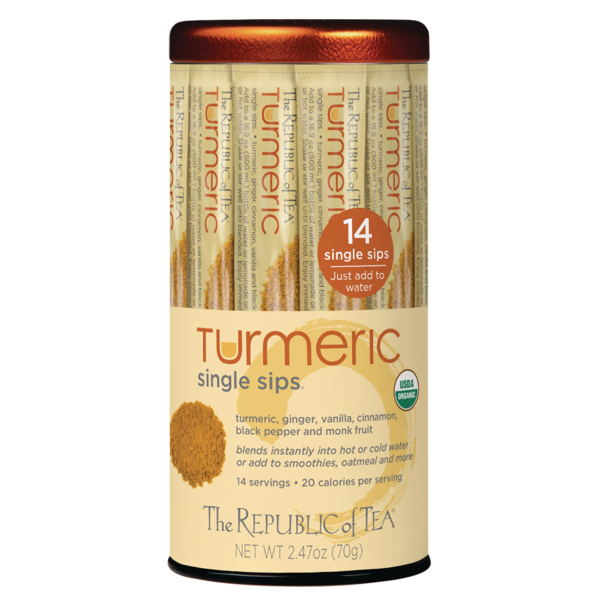 The Republic of Tea Organic Turmeric Single Sips packets for quick, on-the-go brewing.
