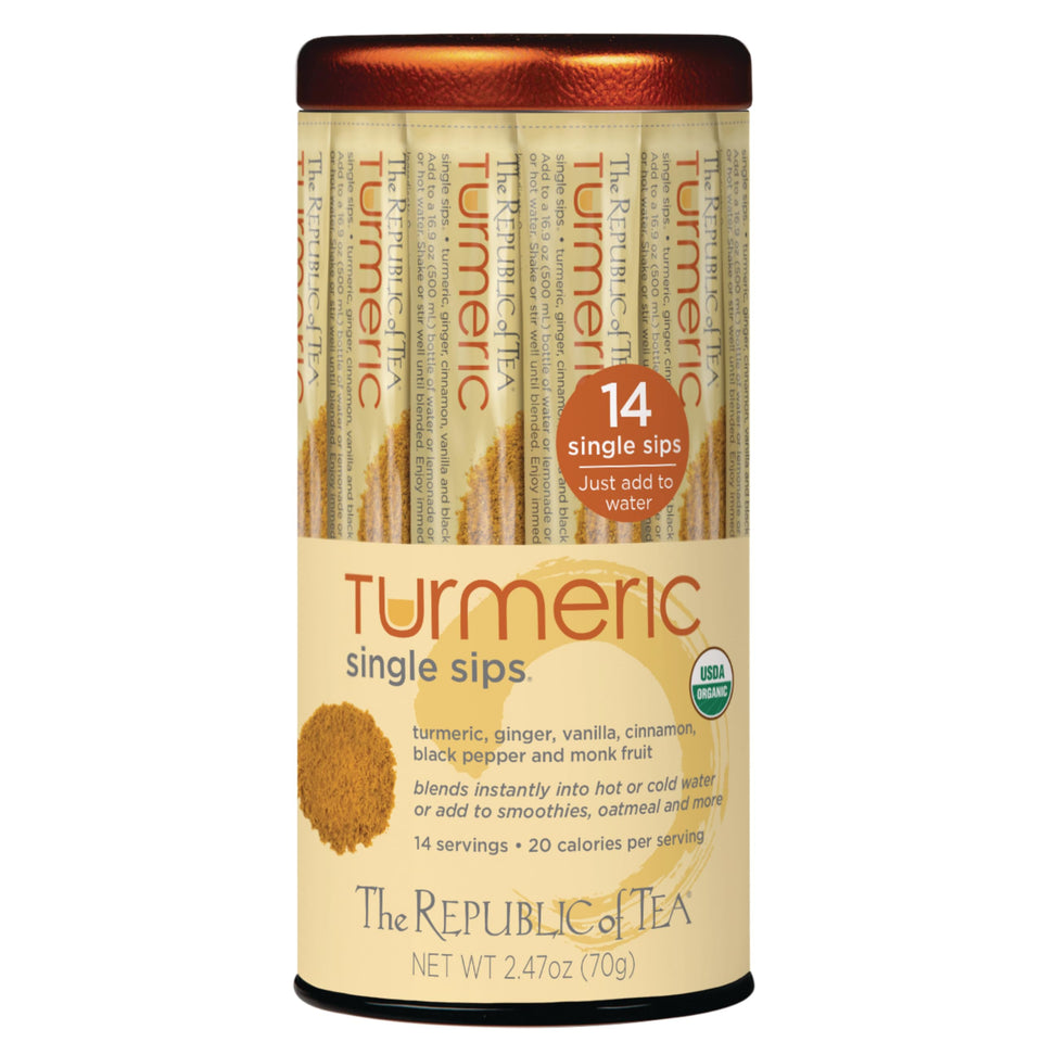 The Republic of Tea Organic Turmeric Single Sips packets for quick, on-the-go brewing.