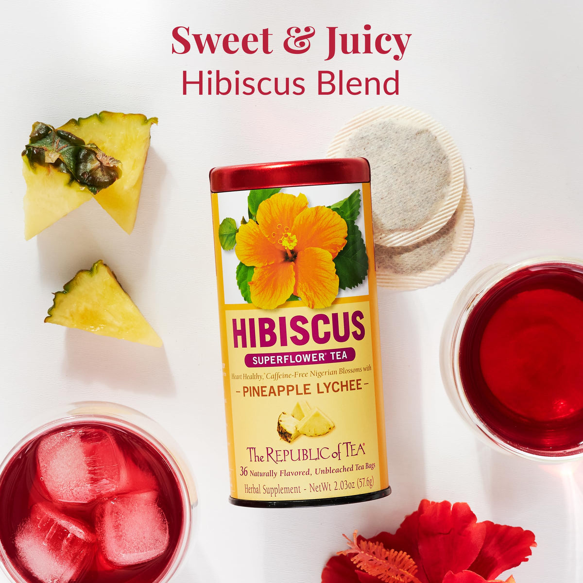Brewing Pineapple Lychee Hibiscus tea to enjoy a caffeine-free fruit infusion.