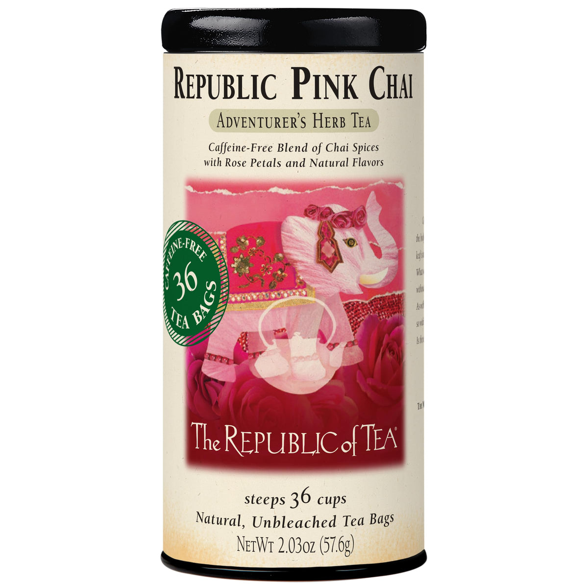The Republic of Tea pink chai tea bags tin on display for warm, fragrant ritual.