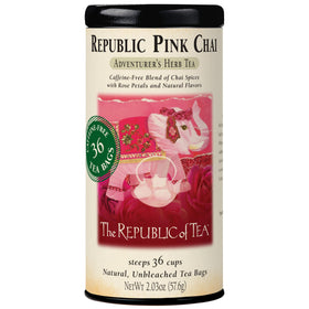 The Republic of Tea pink chai tea bags tin on display for warm, fragrant ritual.