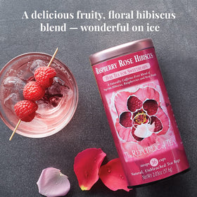 The Republic of Tea Raspberry Rose Hibiscus ingredients panel features Nigerian hibiscus and rose petals.
