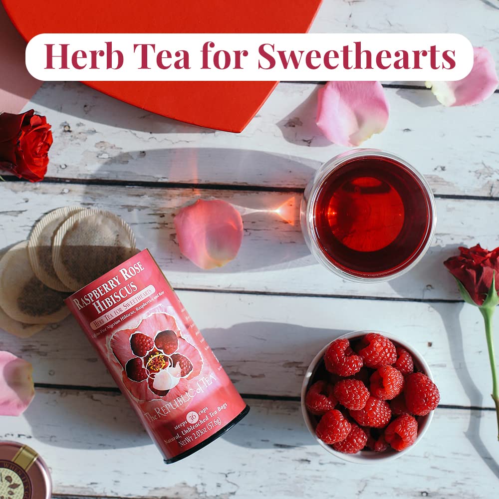 The Republic of Tea Raspberry Rose Hibiscus tin shows gluten-free, sugar-free, carb-free certifications.