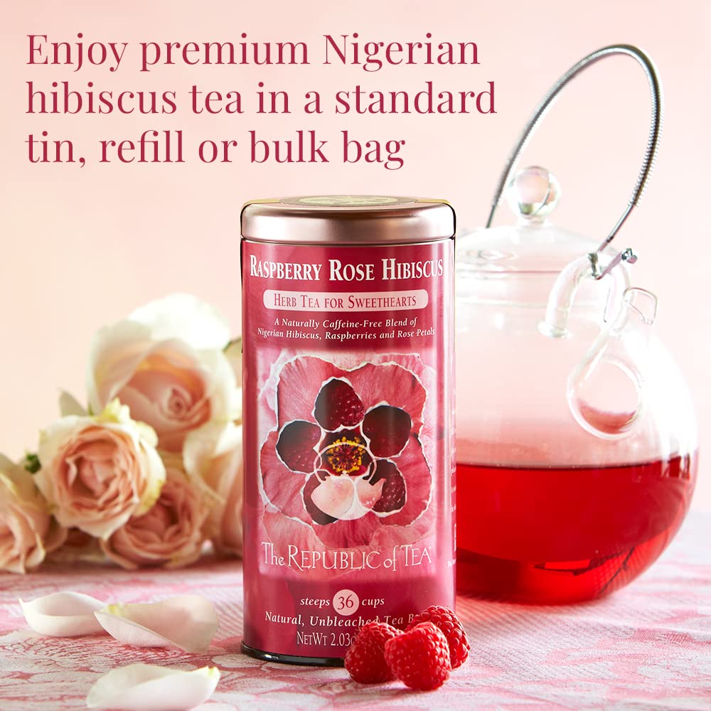 The Republic of Tea Raspberry Rose Hibiscus tea brew cup highlights caffeine-free convenience.