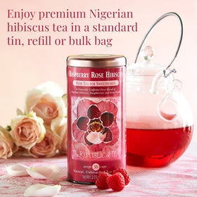The Republic of Tea Raspberry Rose Hibiscus tea brew cup highlights caffeine-free convenience.
