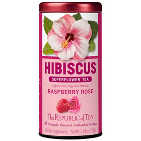 The Republic of Tea Raspberry Rose Hibiscus Tea tin with rich color and inviting aroma.