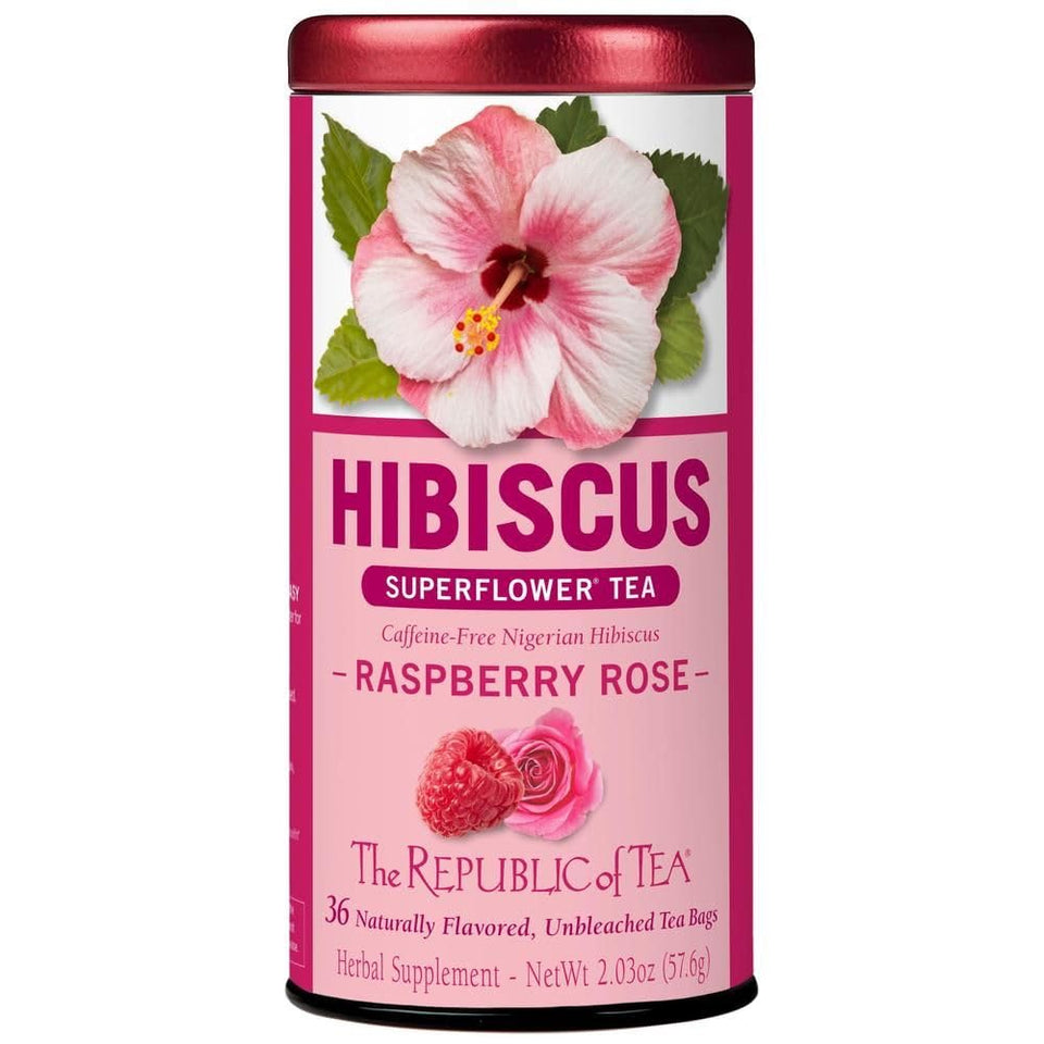 The Republic of Tea Raspberry Rose Hibiscus Tea tin with rich color and inviting aroma.