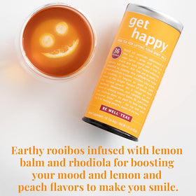 Rooibos-red brew in glass emphasizes caffeine-free calm.