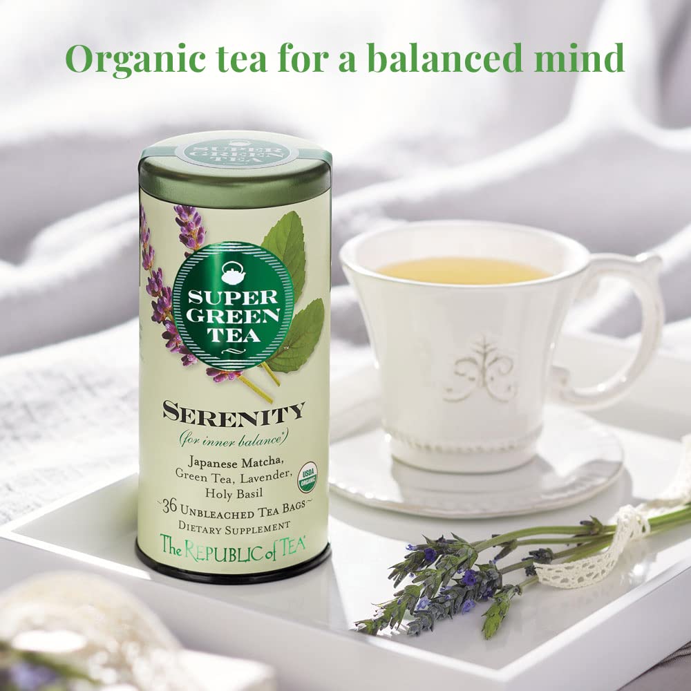 Republic of Tea Serenity matcha and green tea leaves close-up, showcasing premium quality