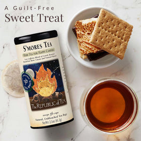 S’mores tea bags close-up by The Republic of Tea, ready to brew
