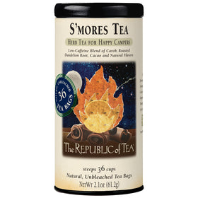 The Republic of Tea S’mores tea tin front view, cozy autumn vibe