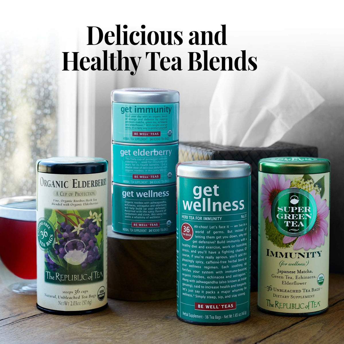 The Republic of Tea steaming cup with elderberry aroma, inviting ritual for winding down.